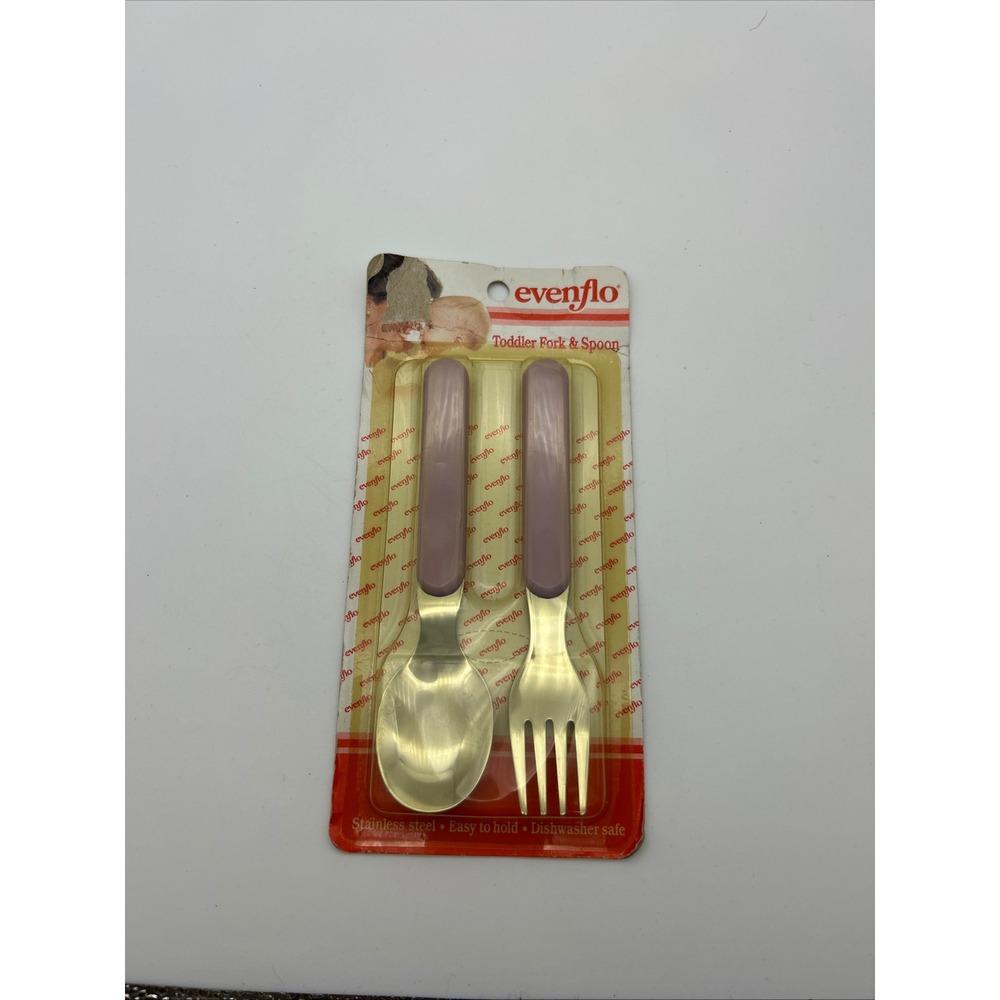 Vintage 1991 Evenflo Toddler‎ Fork and Spoon Set Stainless Steel Mauve Purple